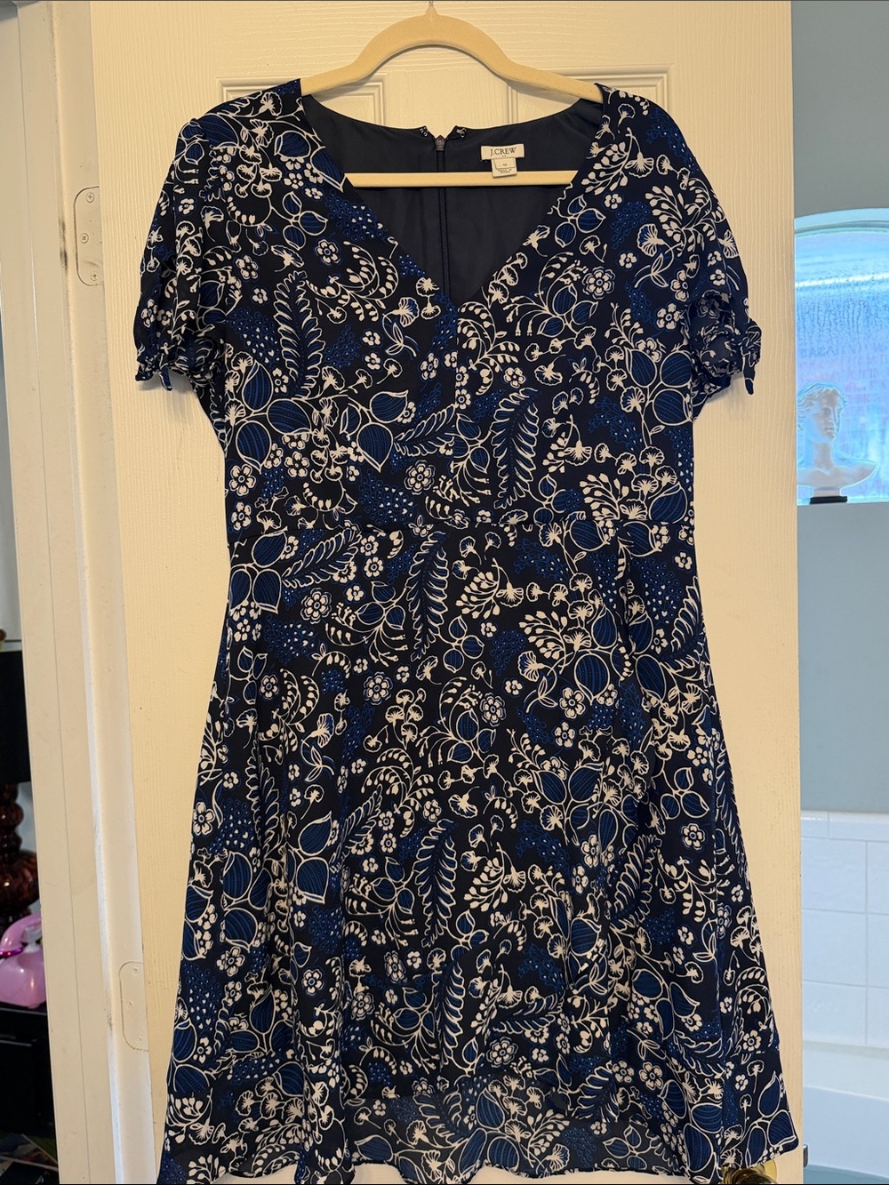 J. Crew Navy and White Floral V-Neck Dress